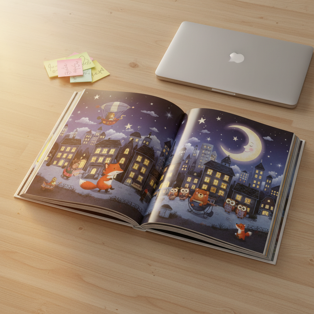 An open children’s storybook laid flat on a smooth light-wood table, its glossy pages displaying a double-page spread of a nighttime cityscape with glowing windows, friendly animal characters, and a crescent moon. Next to the book, sticky notes with tiny, indecipherable scribbles and a slim laptop closed beside it suggest revision time. Soft golden-hour light from the side casts warm highlights on the page edges and subtle reflections in the glossy print. Captured from a close, slightly angled overhead perspective in photographic realism, the composition uses the rule of thirds, creating an inviting, focused mood that highlights the storytelling craft and detail in the illustrations.
