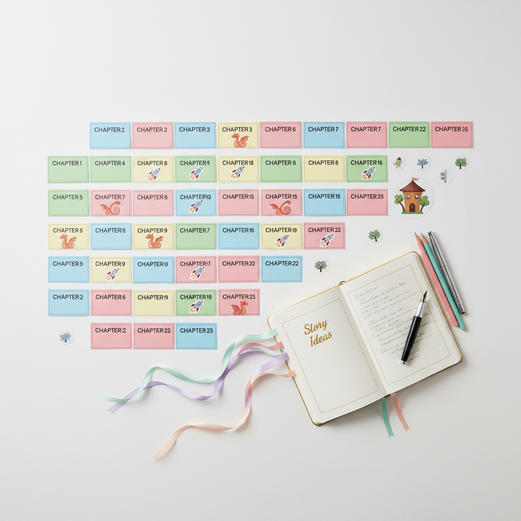 A meticulously arranged flat lay of a children’s author’s planning board on a matte white surface: color-coded index cards labeled with chapter numbers, small icons of dragons, rockets, and treehouses printed on stickers, and a cloth-bound notebook with a gold-embossed cover reading “Story Ideas.” Thin pastel ribbon bookmarks spill from the notebook. Overhead soft studio lighting produces even illumination with faint, clean shadows, emphasizing clarity and organization. Shot in photographic realism from a true bird’s-eye view, the composition feels structured yet imaginative, capturing the professional planning behind children’s and young adult books while maintaining a bright, optimistic atmosphere.