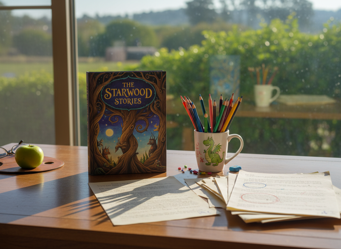 A neatly arranged wooden writing desk covered with colorful children’s book materials: a closed hardcover book with a whimsical illustrated cover featuring forests and stars, stacks of manuscript pages with handwritten edits, and a ceramic mug filled with sharpened colored pencils. The desk sits by a large window overlooking blurred greenery, captured in photographic realism. Soft morning light spills across the pages, creating gentle shadows and a calm, professional atmosphere. Shot at eye level with a shallow depth of field, the focus rests on the book and pages, while the background fades into a soft bokeh, suggesting a dedicated, organized children’s author workspace.