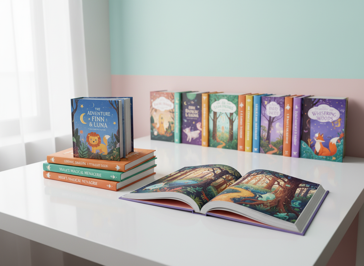 A small stack of vibrant children’s and young adult books resting on a clean white table, photographed in crisp photographic realism. Each spine shows different playful titles, stars, and animal icons, with one book slightly open to reveal an illustrated page of a fantasy forest. Behind the stack stands a neat row of colorful book mockups against a pale pastel wall. Diffused daylight from an unseen window creates even, soft lighting with minimal shadows, giving the scene a polished, professional portfolio feel. Shot from a slightly elevated angle with sharp focus throughout, the image emphasizes variety, creativity, and a carefully curated body of work.
